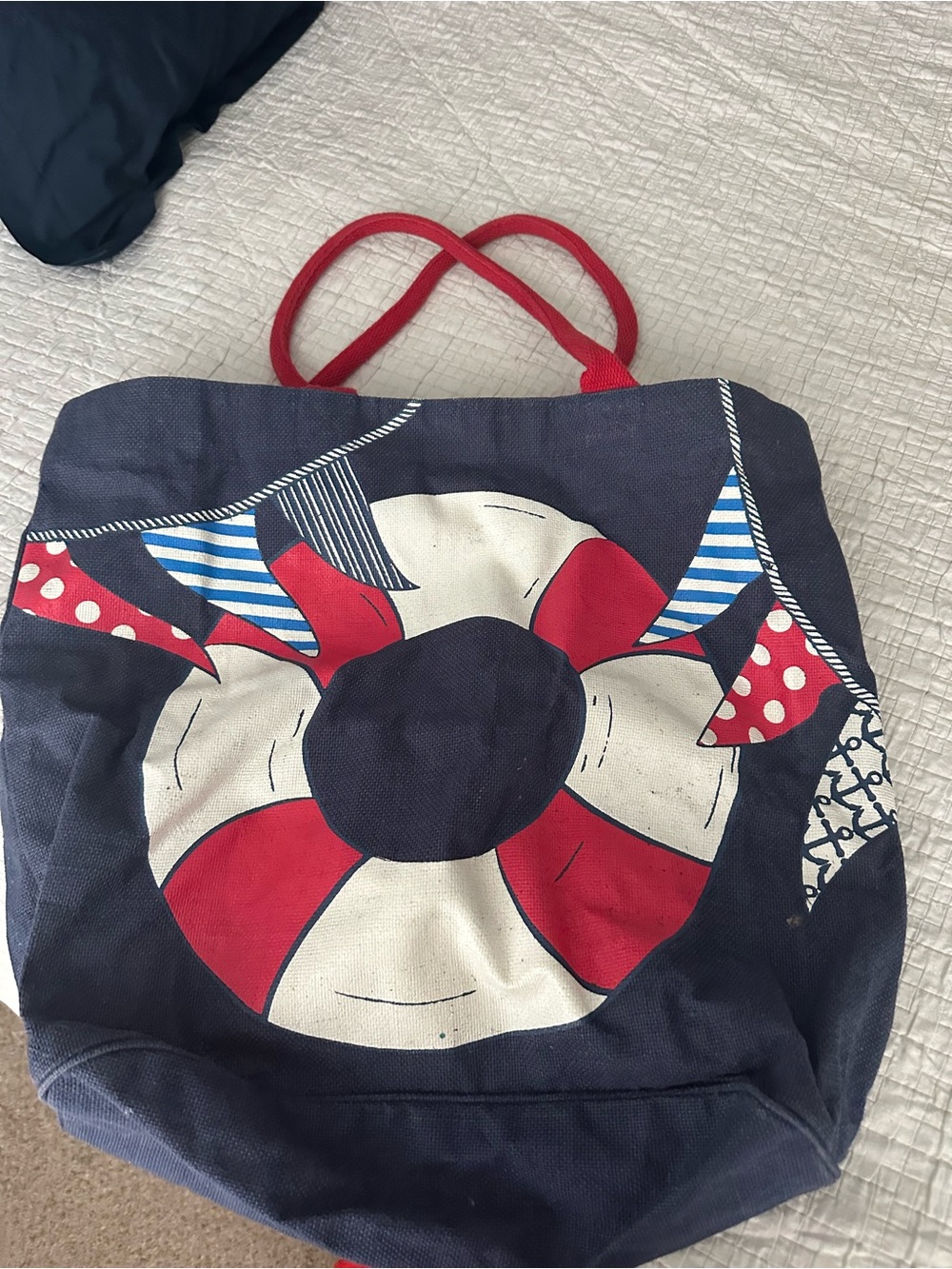 Mud Pie Navy Canvas Tote with Red Handles